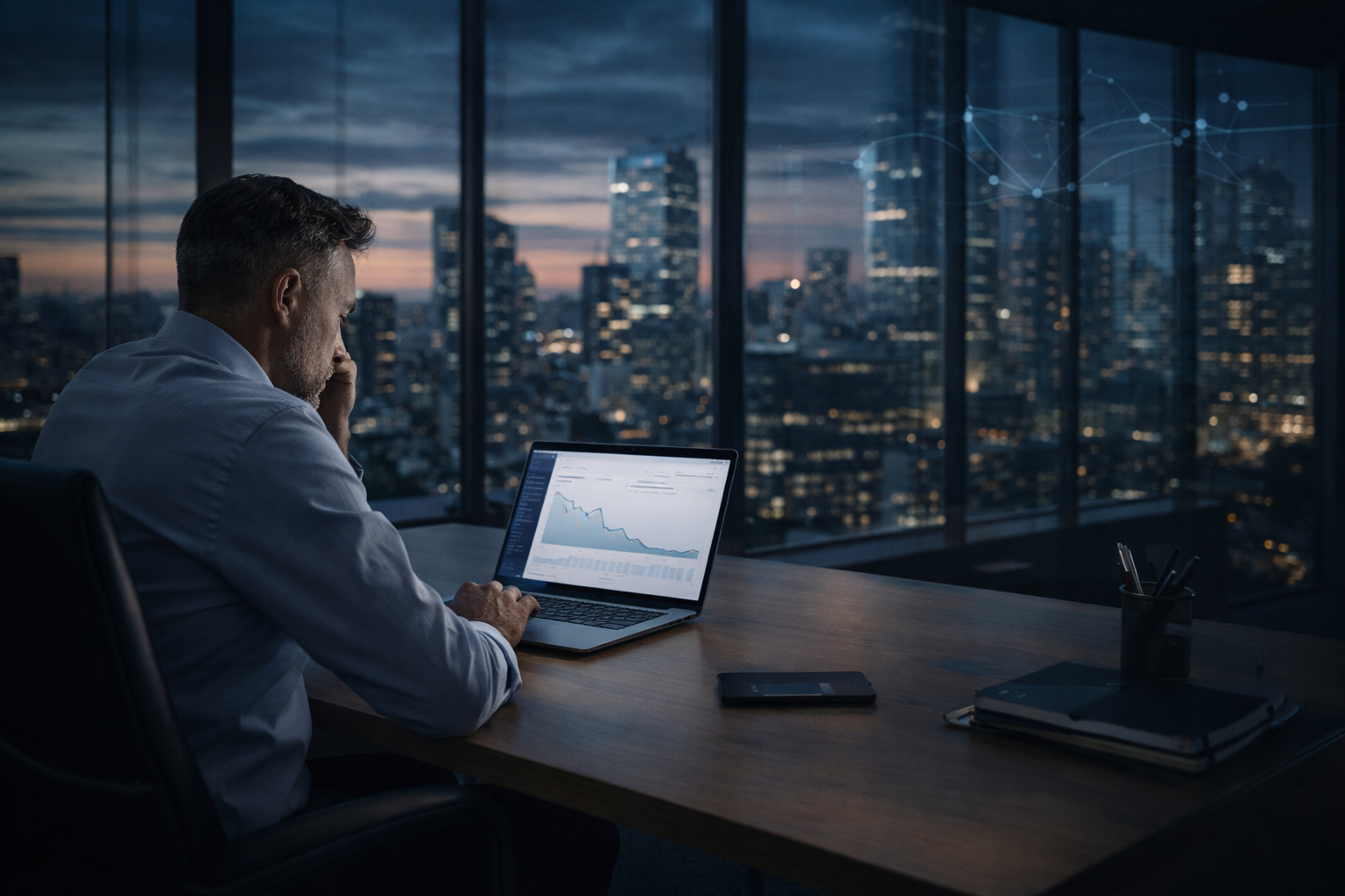 Founder reviewing declining user engagement metrics on a laptop in a modern executive office at dusk